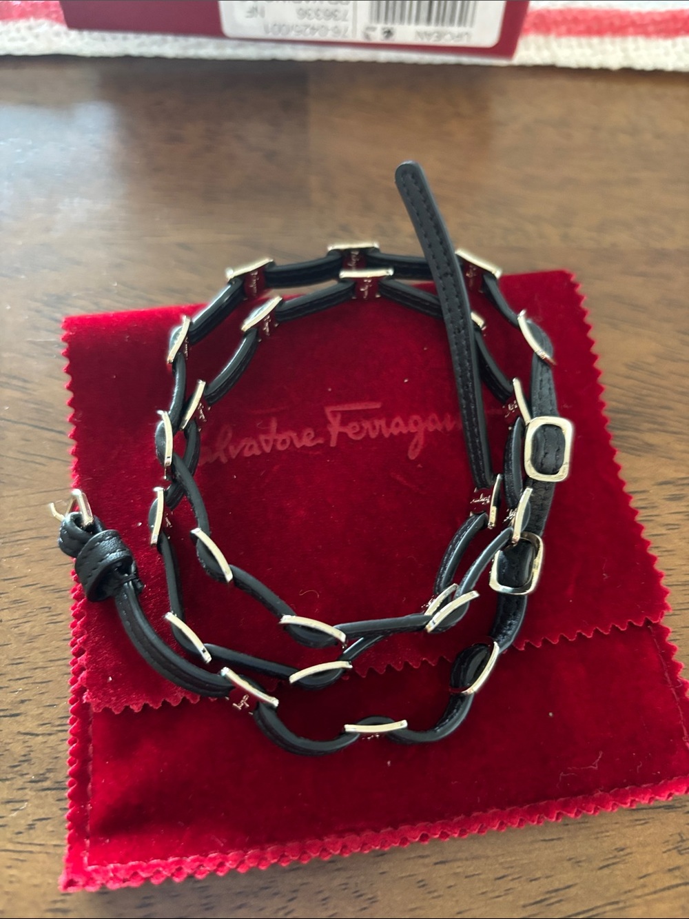 Salvatore Ferragamo Black Leather Chain-Style Bracelet  with gold tone hardware